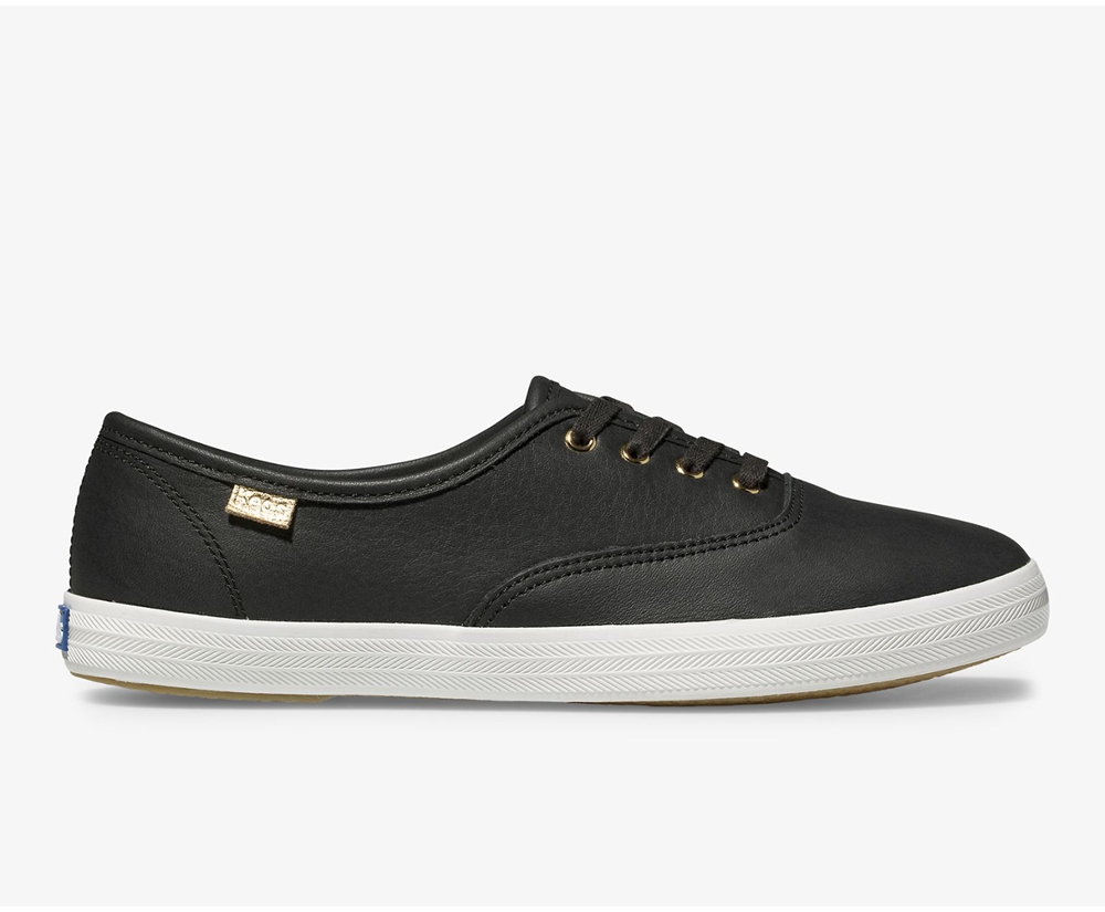 Keds Sneakers Black - Champion Luxe Leather - Womens KBAMCX-481